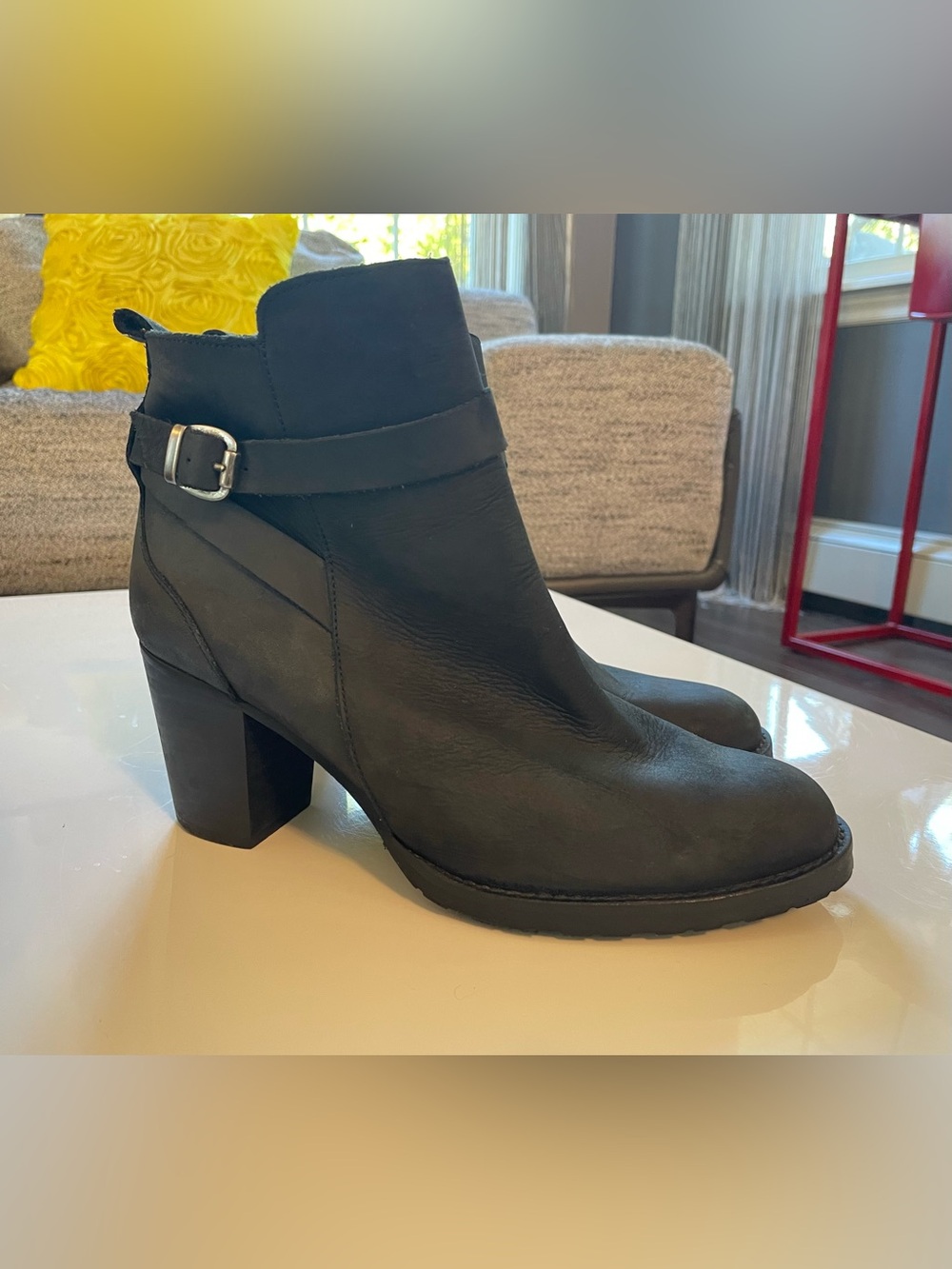 Black Leather Women's Ankle Boots with Block Heel